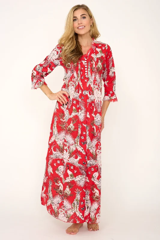 Cotton Annabel Maxi Dress in Red Tropical Cozy Maxi Dress with Slit