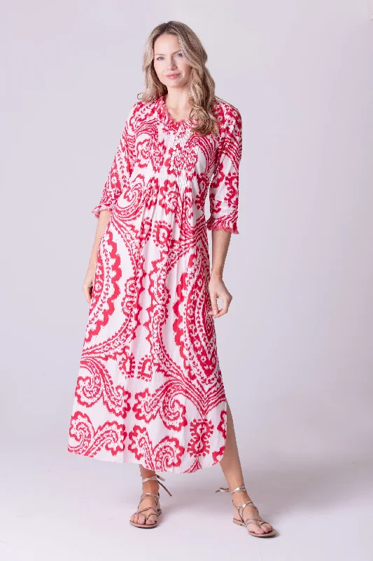 Cotton Annabel Maxi Dress in Red & White Ikat Trendy Off-Shoulder Ruffle Maxi Dress