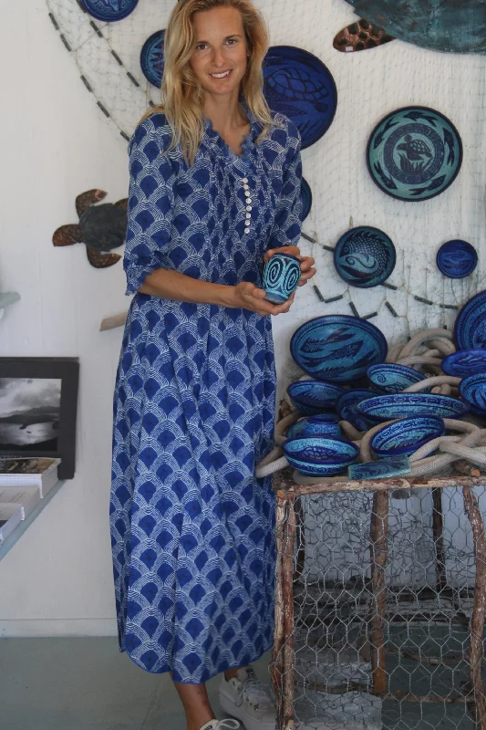 Cotton Annabel Maxi Dress in Royal Blue Fan Trendy Button Front Maxi Dress