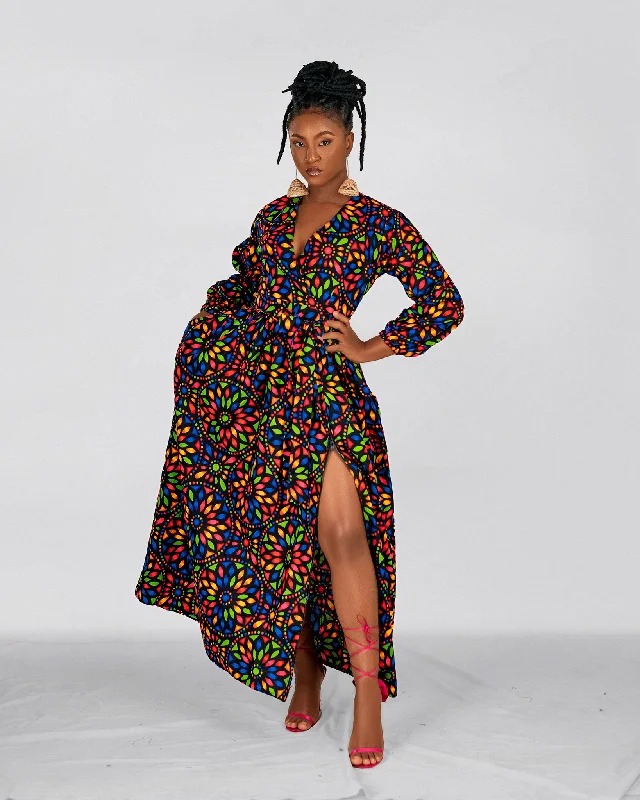 Didi Ankara Maxi Dress | Brown Multicolor African Floral Print Cozy Maxi Dress with Slit Didi Ankara Maxi Dress | Brown Multicolor African Floral Print Cozy Maxi Dress with Slit