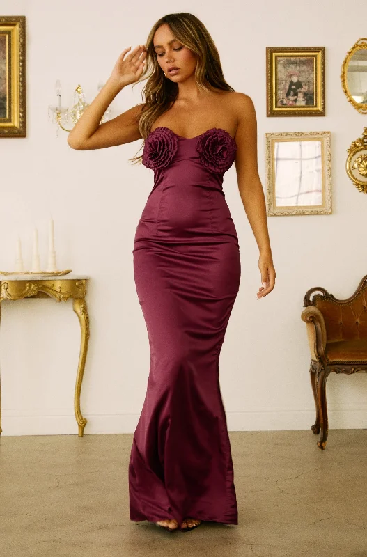 Elegant Affair Strapless Satin Maxi Dress - Burgundy Classic Strapless Maxi Dress
