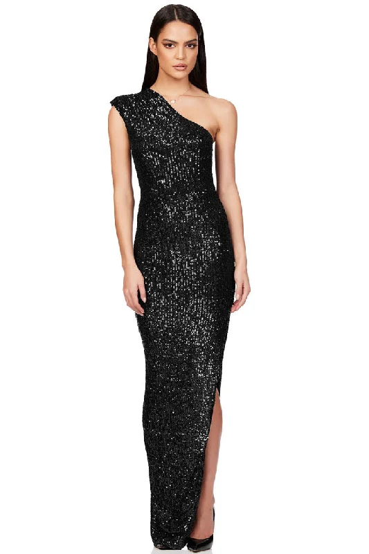 Elegant Padded One Shoulder Split Sequin Evening Maxi Dress - Black Comfortable T-Shirt Maxi Dress Elegant Padded One Shoulder Split Sequin Evening Maxi Dress - Black Comfortable T-Shirt Maxi Dress