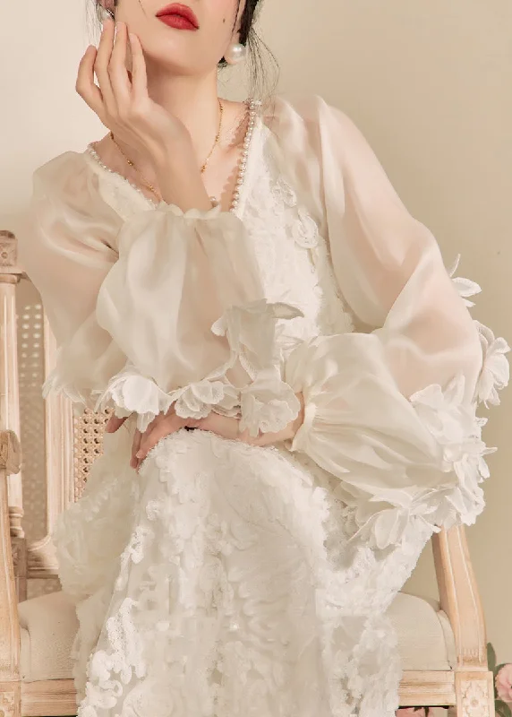 Elegant White V Neck Floral Tulle Maxi Dresses Fall Comfortable Ruffle Maxi Dress
