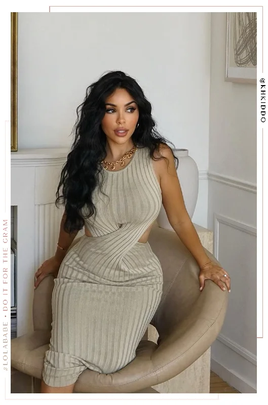 Estela Sleeveless Knit Maxi Dress - Khaki Stylish Pleated A-Line Maxi Dress