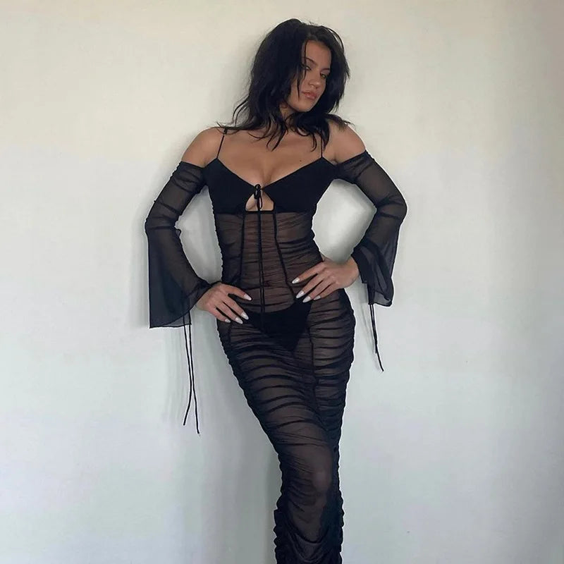 Fashion Mesh See Through Tie Front Maxi Dress Fashionable Chiffon Tiered Maxi Dress