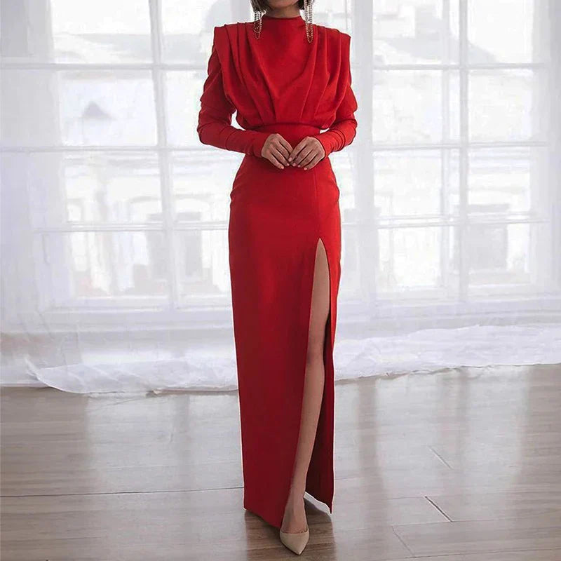 Fashion Pleated High Split Long Sleeve Maxi Dress Comfortable Plunging Neckline Maxi Dress