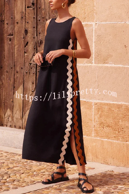 Lilipretty® Vacation Villa Side Ric Rac Wave Trim Slit Loose Maxi Dress Cozy Maxi Dress with Slit Lilipretty® Vacation Villa Side Ric Rac Wave Trim Slit Loose Maxi Dress Cozy Maxi Dress with Slit