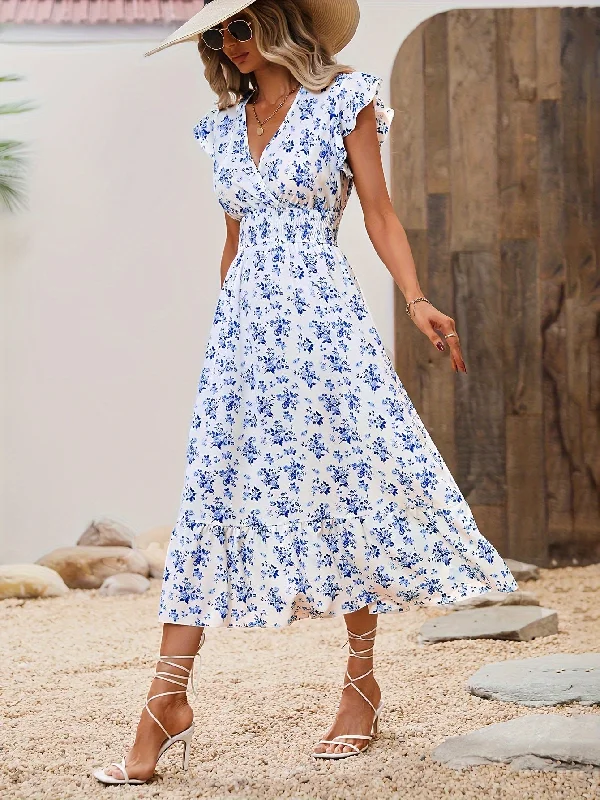 Floral Print Shirred Waist Dress, Elegant Ruffle Trim Surplice Neck Maxi Dress, Women's Clothing Trendy Off-Shoulder Ruffle Maxi Dress Floral Print Shirred Waist Dress, Elegant Ruffle Trim Surplice Neck Maxi Dress, Women's Clothing Trendy Off-Shoulder Ruffle Maxi Dress