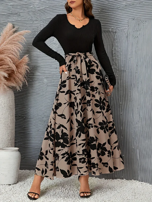 Floral Print Splicing Dress, Casual Long Sleeve Maxi Dress, Women's Clothing Chic Summer Maxi Dress Floral Print Splicing Dress, Casual Long Sleeve Maxi Dress, Women's Clothing Chic Summer Maxi Dress