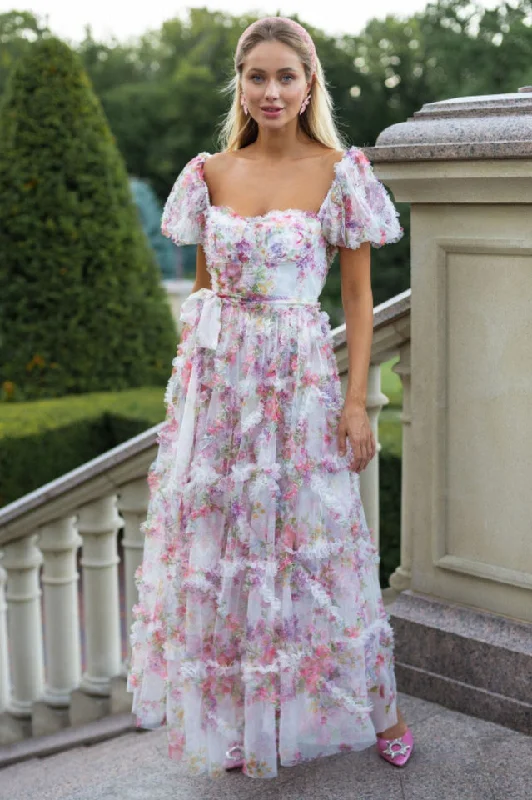 Floral Tulle Puff Sleeve Bow Tie Maxi Dress Fashionable High-Waist Maxi Dress