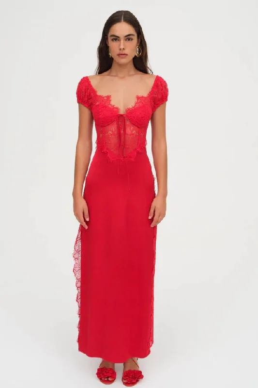 For Love & Lemons Casey Maxi Dress - Red Fashionable Off-Shoulder Maxi Dress