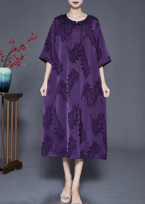 French Purple Tasseled Print Silk Maxi Dresses Summer Fashionable Asymmetrical Maxi Dress