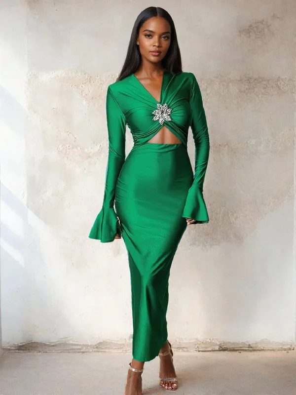 Front Cut Out Maxi Dress with Long Flare Sleeves Cozy Ribbed Maxi Dress