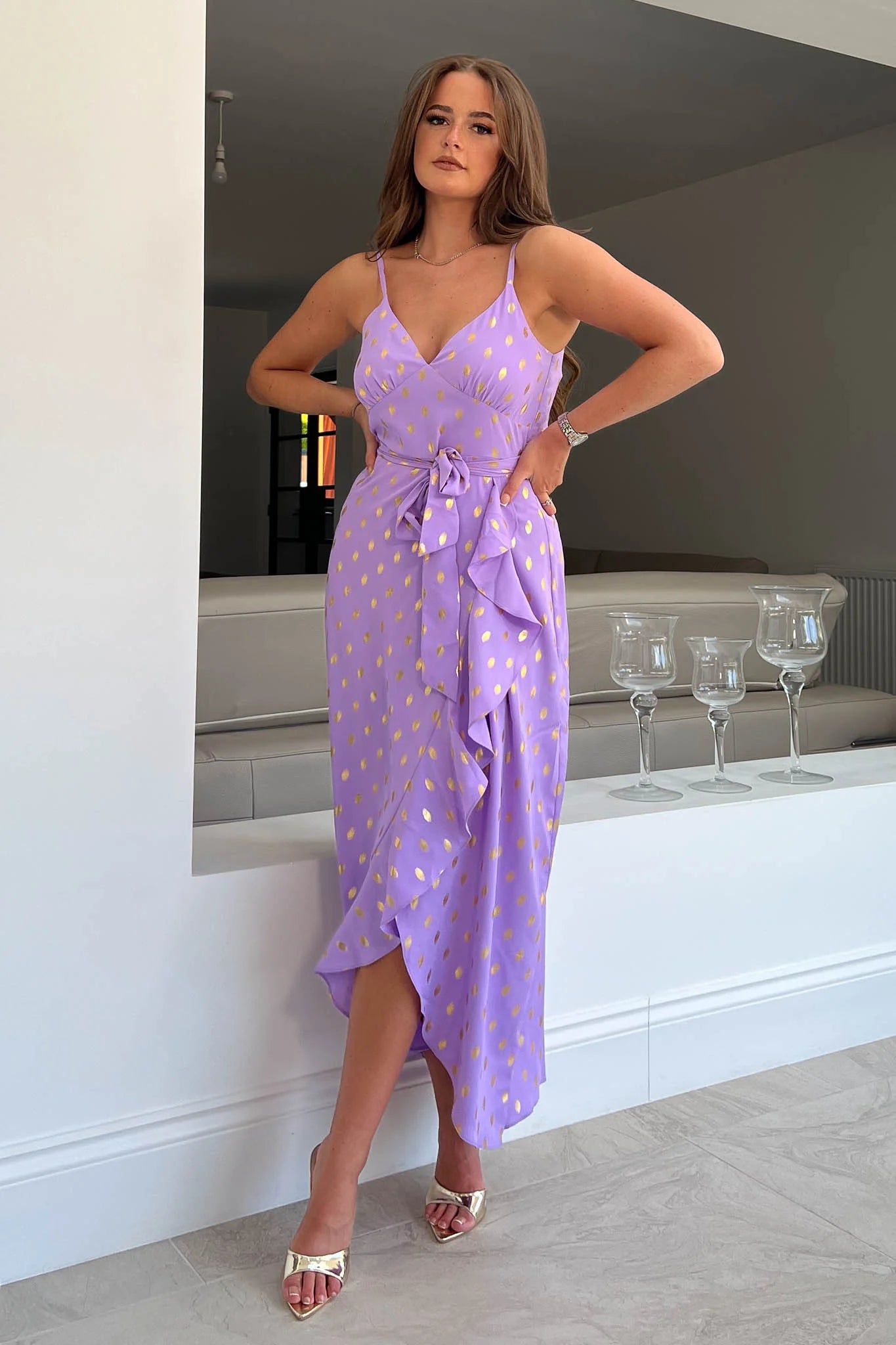 Girl in Mind Isadora Lilac with Gold Foil Cami Frill Detail Maxi Dress Comfortable T-Shirt Maxi Dress Girl in Mind Isadora Lilac with Gold Foil Cami Frill Detail Maxi Dress Comfortable T-Shirt Maxi Dress