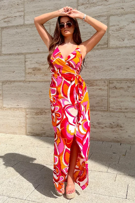 Girl in Mind Mia Pink and Orange Wrap Maxi Dress Stylish Off-Shoulder Maxi Dress