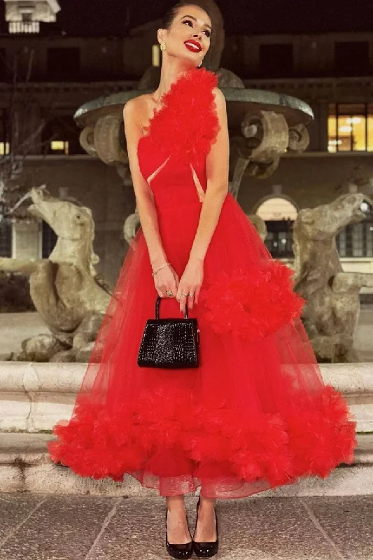 Glamorous 3D Rosette One Shoulder A Line Tulle Evening Maxi Dress - Red Stylish Empire Waist Maxi Dress Glamorous 3D Rosette One Shoulder A Line Tulle Evening Maxi Dress - Red Stylish Empire Waist Maxi Dress