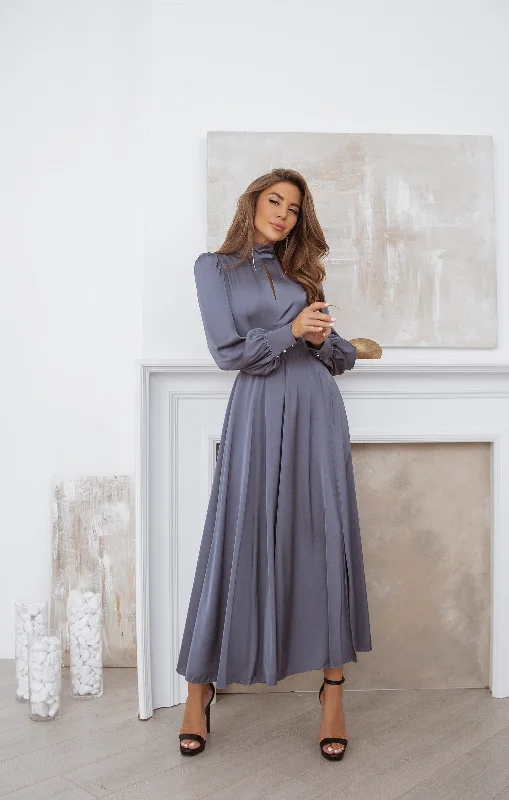 Graphite Silk Long Sleeve Maxi Dress Elegant Maxi Dress with Belt