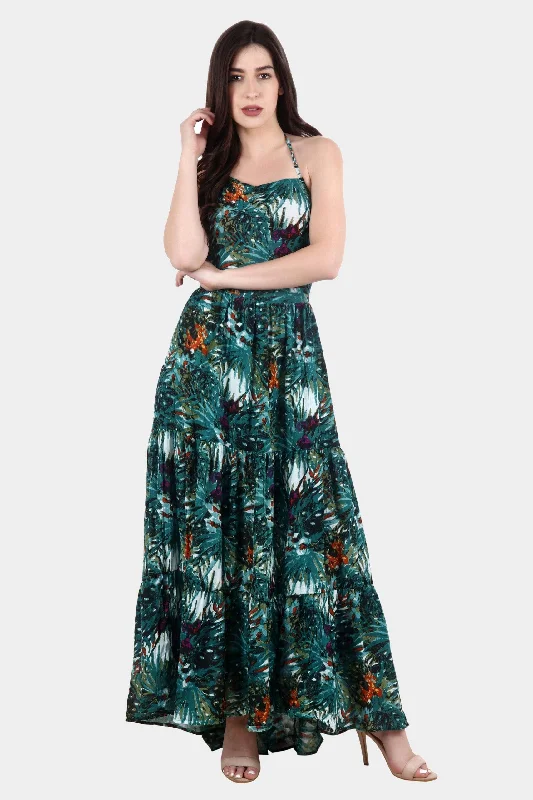 Green Leaf Printed Maxi Dress Chic Summer Floral Maxi Dress