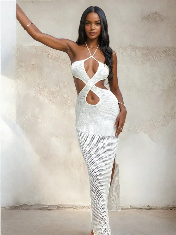 Hollow-Out Knitted Maxi Dress Comfortable Ruffle Hem Maxi Dress