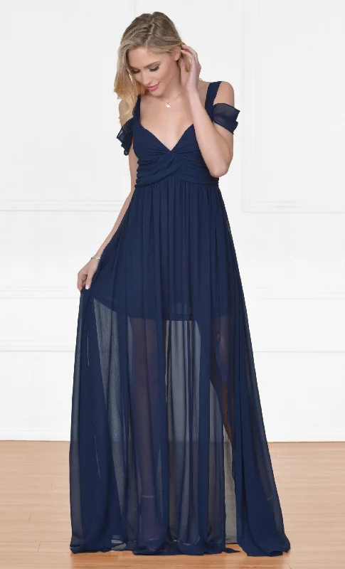 Indie XO Once Upon a Time Navy Blue Sleeveless Off The Shoulder V Neck Long Side Slit Maxi Dress Evening Gown Chic Button-Up Maxi Dress