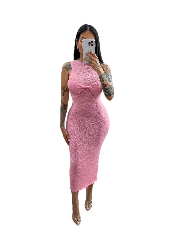 Knitted Round Neck Ruched Maxi Dress Fashionable High-Waist Maxi Dress