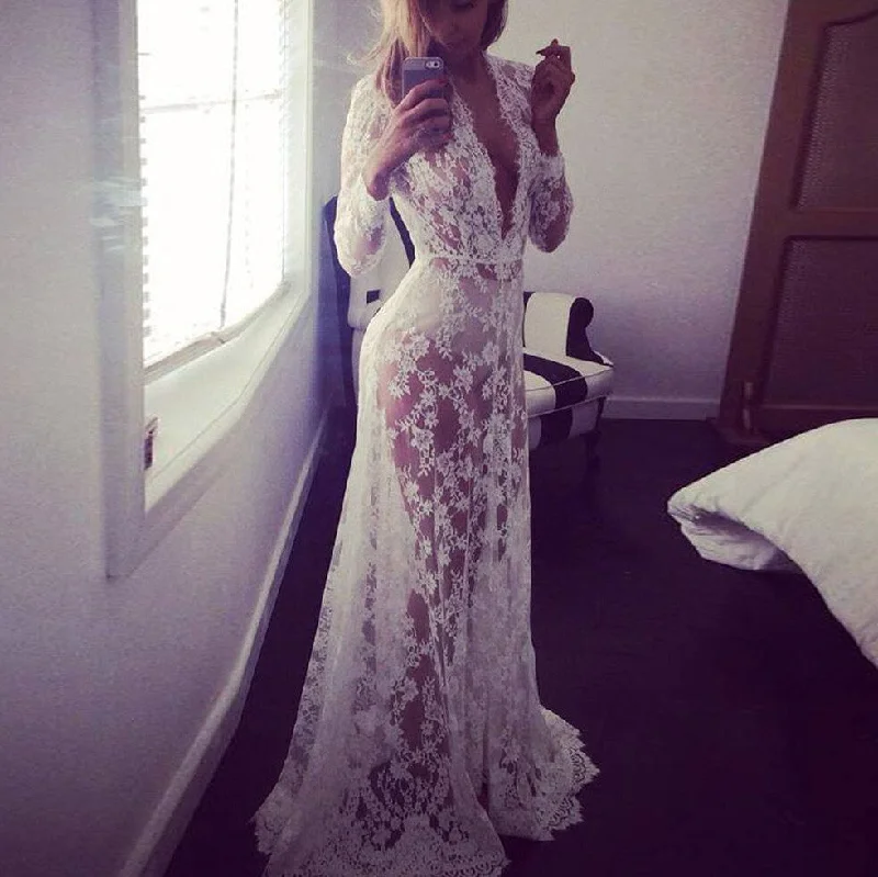 European Style Summer  Sexy Lace Embroidery Maxi Dress Long Sleeve Deep V  Plunging Neckline Comfortable Ruffle Hem Maxi Dress