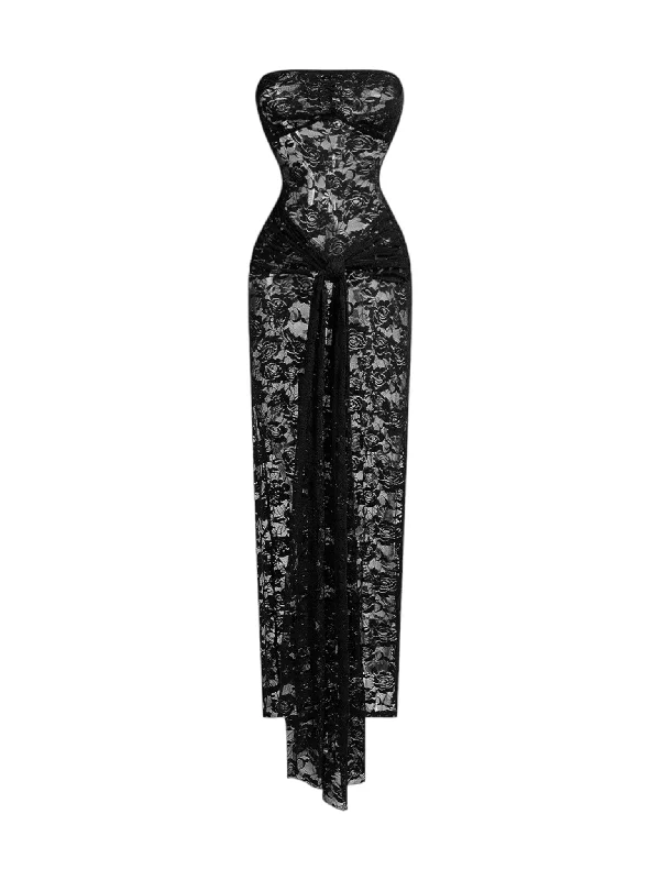Lace Hollow Out Ruched Maxi Dress Fashionable High-Low Maxi Dress