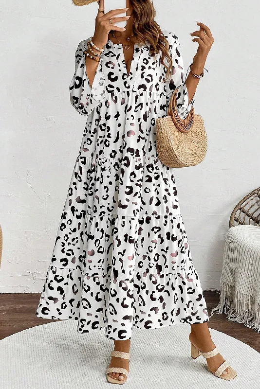 KaleaBoutique Leopard Print Notch V Neck Loose Fit Maxi Dress Fashionable High-Waist Maxi Dress