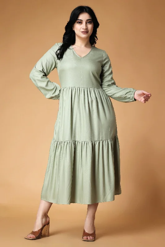 Light Green Solid Layered Frill Maxi Dress Cozy Knitted Maxi Dress