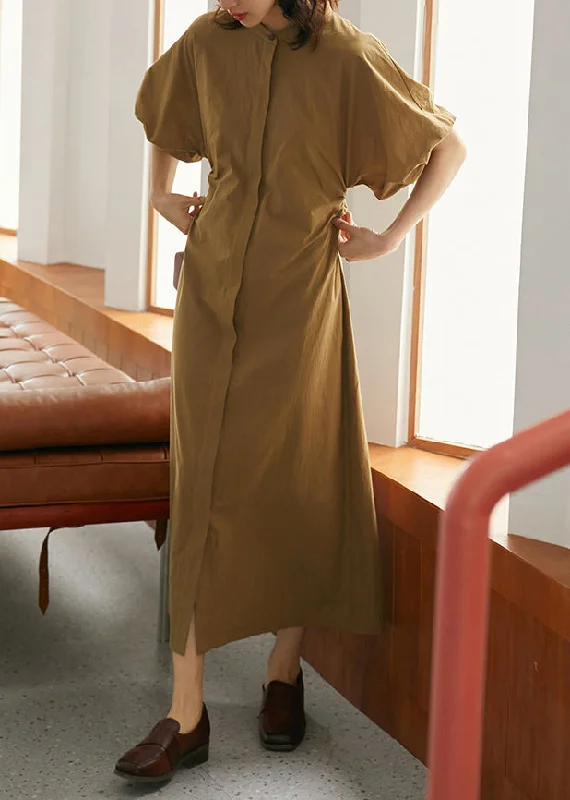 Light Green Wrinkled Button Cotton Holiday Maxi Dress Half Sleeve Fashionable Asymmetrical Maxi Dress