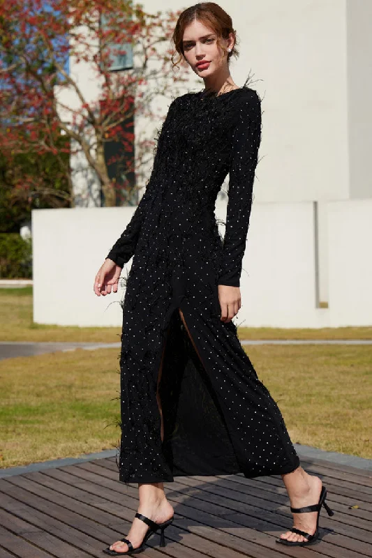 Luxury Rhinestone Faux Feather Trim Split Mesh Evening Maxi Dress - Black Elegant Maxi Dress with Slit