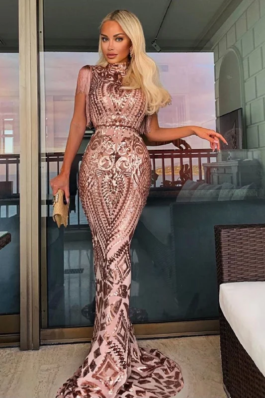 Magic Vip Rose Gold Luxe Tassel Fringe Sequin Embellished Illusion Maxi Dress Stylish A-Line Maxi Dress