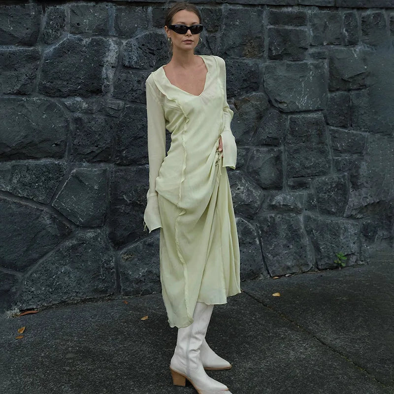 Mesh Transparent Flare Sleeve Cover-Ups Maxi Dress Classic A-Line Maxi Dress