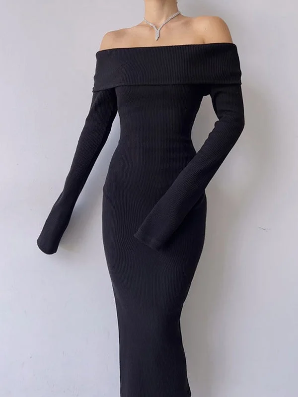 Off Shoulder Black Long Sleeve Knitted Maxi Dress Chic Sleeveless Maxi Dress