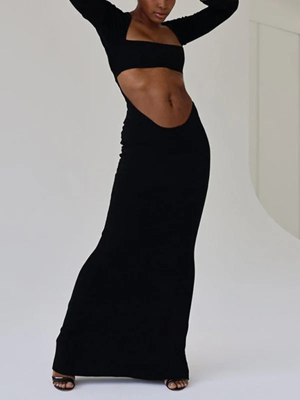 Long Sleeve Cutout Black Maxi Dress Fashionable Off-Shoulder Maxi Dress