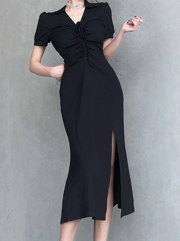 Lace Up Slit Knitted Black Maxi Dress Elegant Maxi Dress with Pockets