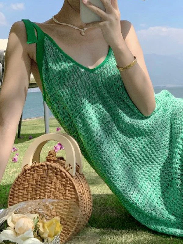 Lace Up Green Crochet Knit Maxi Dress Comfortable Long-Sleeve Maxi Dress