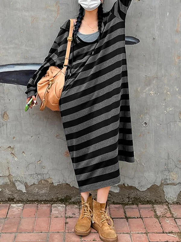 Hooded Stripe Long Sleeve Maxi Dress Elegant Wraparound Maxi Dress