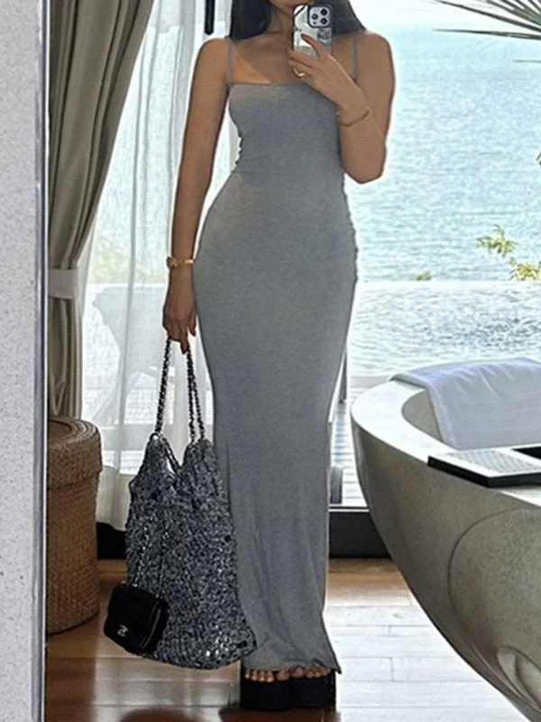 Gray Ribbed Bodycon Maxi Dress Elegant Maxi Dress with Lace