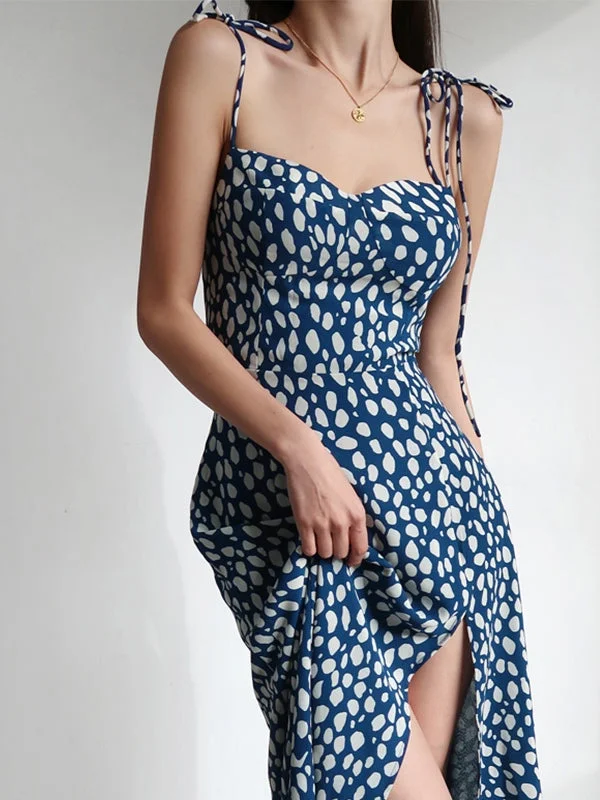 Dalmatian Print Tie Strap Split Maxi Dress Stylish Pleated A-Line Maxi Dress