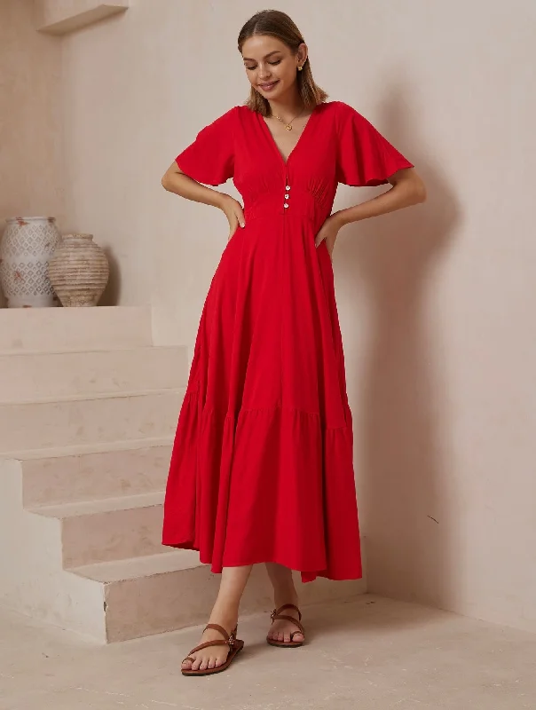 MIA MAXI DRESS - Red Fashionable Maxi Dress with Fringe