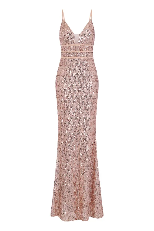 Monroe Rose Gold Nude Alluring Sequin Mermaid Maxi Dress Classic Solid Maxi Dress