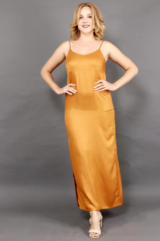 Mustard Solid Maxi Dress with Side Slit Trendy Off-Shoulder Ruffle Maxi Dress