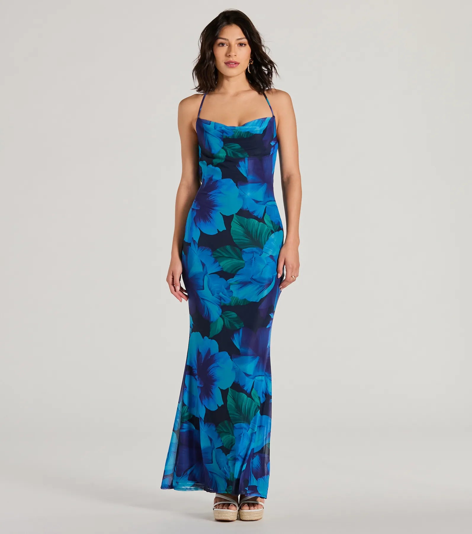 Ocean Breeze Cowl Neck Low Back Tropical Maxi Dress Comfortable Ruffle Maxi Dress