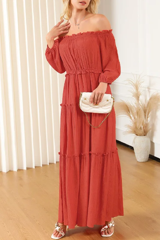 KaleaBoutique Off Shoulder Balloon Sleeve Cutout Ruffled Maxi Dress Stylish Empire Waist Maxi Dress