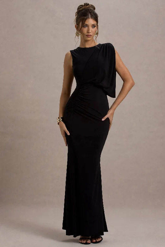 Paphos | Black Draped Sleeveless Maxi Dress Stylish Button-Up Maxi Dress