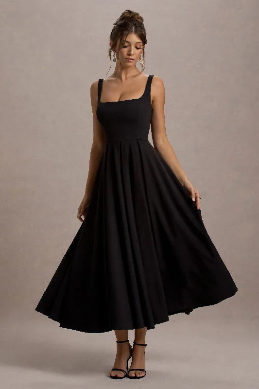 Parina | Black Strappy Volume-Hem Maxi Dress Comfortable Casual Maxi Dress