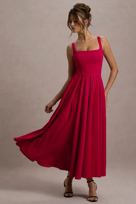 Parina | Red Strappy Volume-Hem Maxi Dress Trendy Satin Maxi Dress