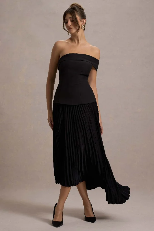 Pauline | Black Bardot Tailored Maxi Dress With Plisse Skirt Stylish Off-Shoulder Maxi Dress