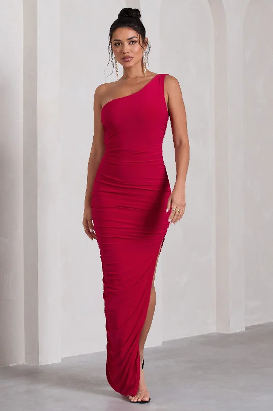 Persia | Red One Shoulder Side Split Ruched Maxi Dress Chic Off-Shoulder Maxi Dress